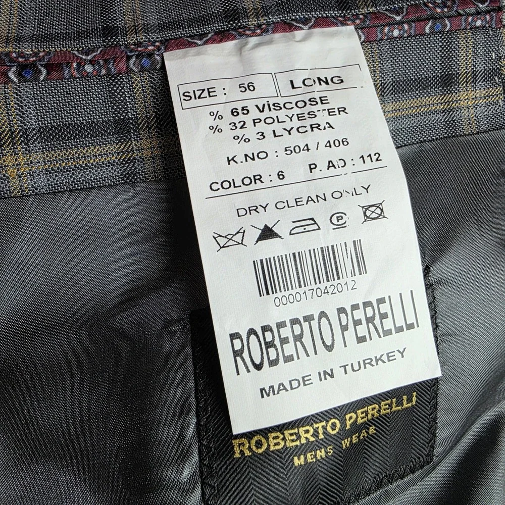 Roberto Perelli Mens Grey Plaid Two Button Blazer Sport Coat Jacket